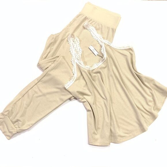 Victoria’s Secret Ribbed Cami Tank & pants lightweight pajama set champagne M - Picture 2 of 5